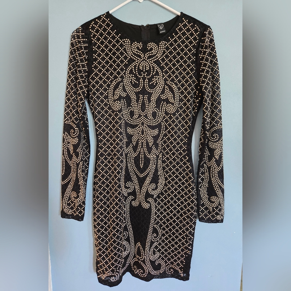 Windsor PartyDress Black with Silver Bead Accents Sheer Pattern Black Slip Lined